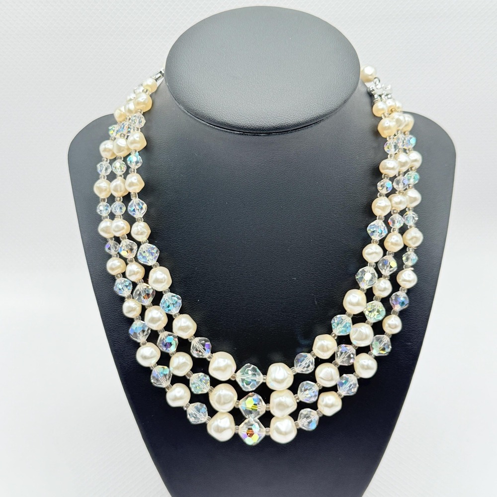 Vintage 3-Strand Laguna Necklace w/ Faux Pearls, Crystals, and Hook & Eye‎ Clasp